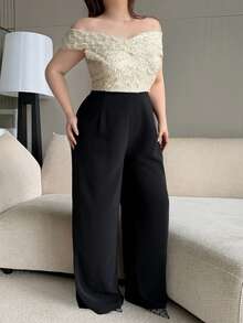Dazy Plus Women's Elegant Summer Sequin Patchwork Off-Shoulder Wide Leg Plus Size Jumpsuit - Black - View 5