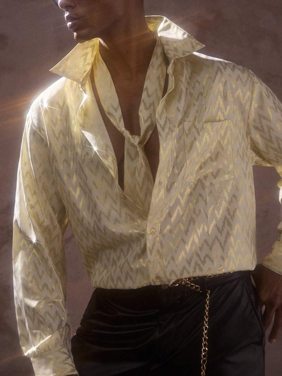 AKNOTIC Men's Exquisite Pale Yellow Foil Print Single-Breasted Long Sleeve Shirt Rave Autumn Rave - Apricot - View 1