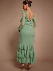 MaterniChic Maternity Solid Color Patchwork Ruffle Long Sleeve Elegant Dress - Green - View 2