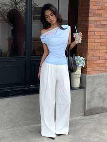 Yunfilé Women's Light Blue Elegant Lace Summer Brunch T-Shirt,Oblique Shoulder Ruched Waist Short Sleeve Retro Minimalist Commuter High-End Chic Top - Blue - View 13