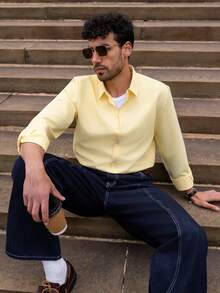 YOUESAWY YOUESAWY Men's Long Sleeve Formal Business Commuting Shirt Yellow Fabric Button Front Regular Fit - Yellow - View 1