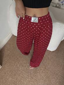 Napfluff Women's Casual Heart Print Waistband Patch Elastic Waist Straight Leg Long Pajama Pants - Burgundy - View 6