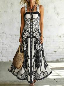 SHEIN Long Strap Cinched Waist A-Line Dress Vacation Style Printed Dress - Black and White - View 6