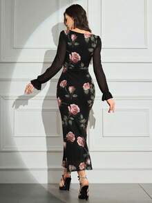 Modelyn 女款優雅純色網紗修身長洋裝，秋季長款晚禮服 - 黑色 - 查看 2