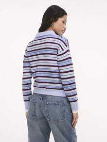 Nöista Multistripe Knit Cardigan In Blue, Burgundy And Olive With Collar And Asymmetric Buttons. Office, Everyday, College. Fall, Fall Winter Travels. - Blue - View 5