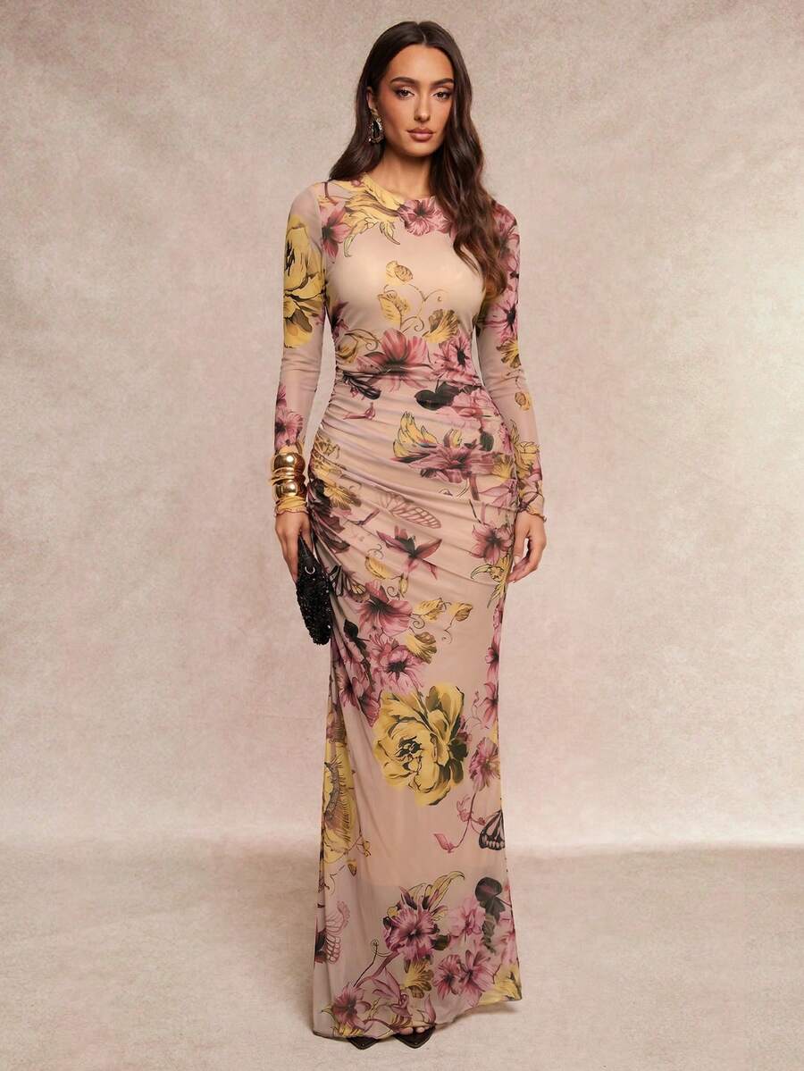 Silquee 女款花卉印花圓領長袖抓皺修身優雅洋裝 - 彩色 - 查看 1