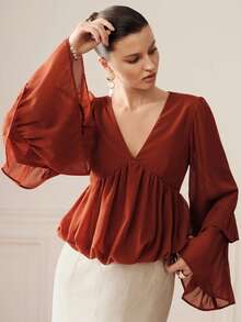 BELROSIE Romantic Elegant Floral Bud Hem V-Neck Semi-Sheer Chiffon Ruffle Bell Sleeve Blouse Tea Party Rusty Orange Autumn - Brown - View 4