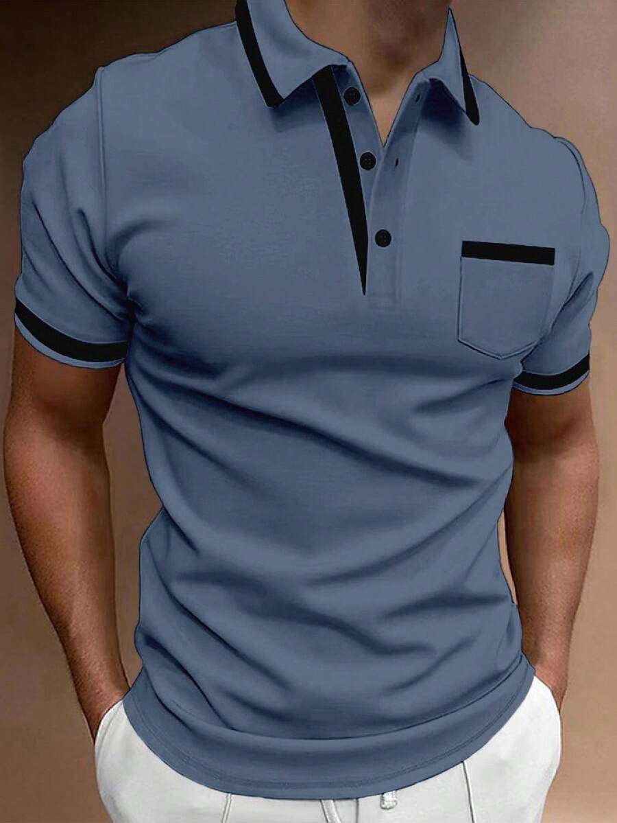 Calvornis 男士對比色短袖休閒通勤 Polo 衫,正式場合適用 - 霧霾藍 - 查看 1