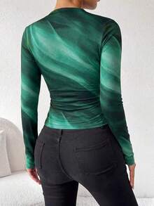 SHEIN LUNE Women Tie Dye Print Asymmetric Ruched Long Sleeve T-Shirt, Spring Summer Women Tops For Spring Fall - Green - View 2