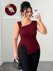 SHEIN Clasi Plus Size Women's Fashion Elegant Solid Color Asymmetric Shoulder Strap Tank Top Office Burgundy Summer - Burgundy - View 9