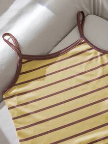 SHEIN Teen Girls' Yellow & Brown Striped Knit Set, Summer Cami Top & Shorts, Casual Sports 2 Pieces - Yellow - View 6