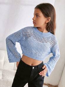SHEIN Tween Girl 少女純色簡約鏤空圓領套頭秋季連帽衛衣 - 藍色 - 查看 3