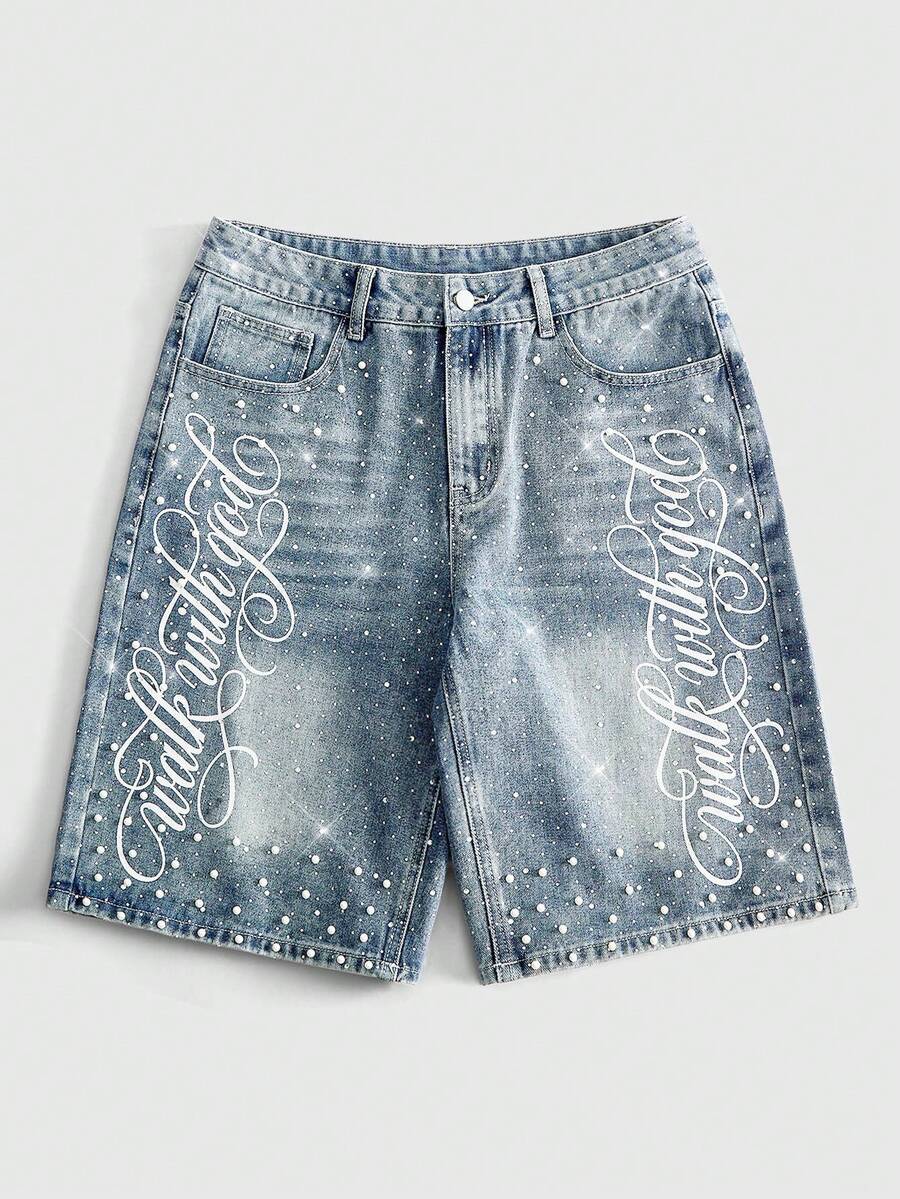 ROMWE MEN Men's Loose Denim Shorts With Pearl Decor And Sparkling Diamond - Light Wash - View 1