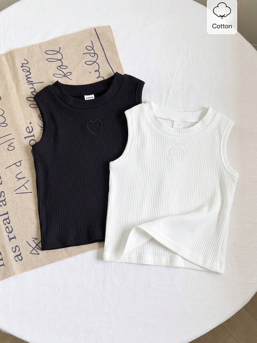 SHEIN Genkimix Kids 2件組少女背心上衣,愛心鏤空刺繡純色羅紋休閒舒適針織背心 - 黑與白 - 查看 1