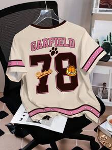 GARFIELD | SHEIN 女款字母印花圓領短袖休閒T恤 - 白色 - 查看 2