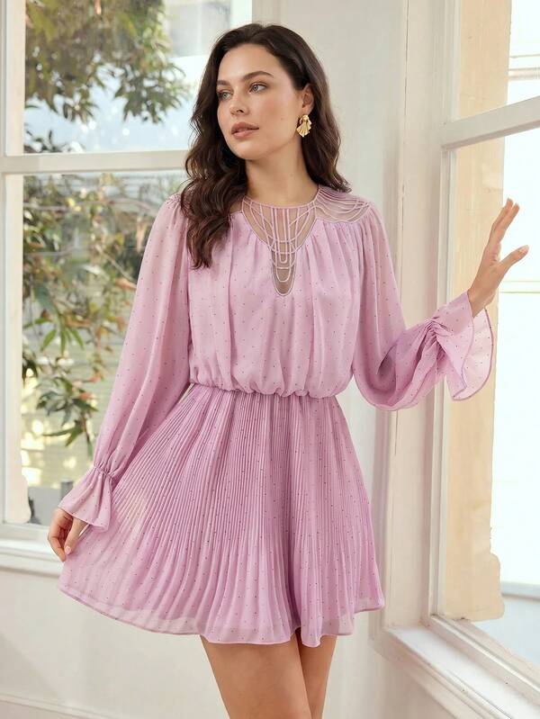 MOTF PREMIUM WOMEN'S PLUS SIZE CHIFFON PRINTED EMBROIDERED NECKLINE CINCHED WAIST FLARED SHORT DRESS, AUTUMN/WINTER