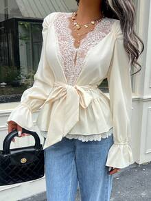 Serisse Women's Solid Color Contrast Lace Long Sleeve Waist Tie Elegant Blouse Dinner Date Date Night Beige Autumn - Apricot - View 11