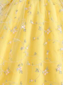 SHEIN Glamorique Kids 年轻女孩母亲节花童夏季花裙刺绣公主裙娃娃A字生日礼物派对节日夏装墨西哥儿童节多巴胺裙子 - 黃色 - 查看 4