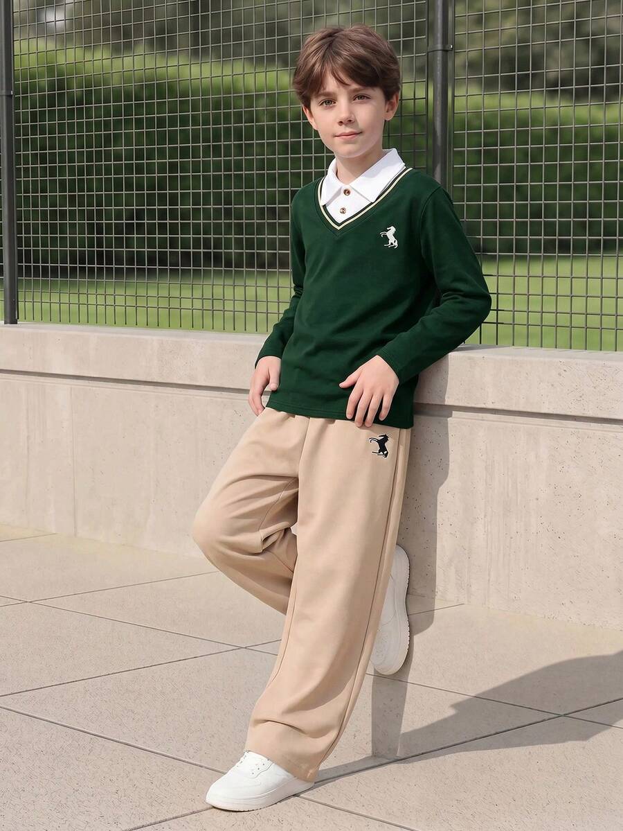 Casuvi Kids 两件套男童海军蓝 Polo 领二合一刺绣条纹学院风上衣和卡其色直筒裤套装,适合日常、复古校园风、运动街头风、返校季、春秋季穿着。 - 綠色 - 查看 1
