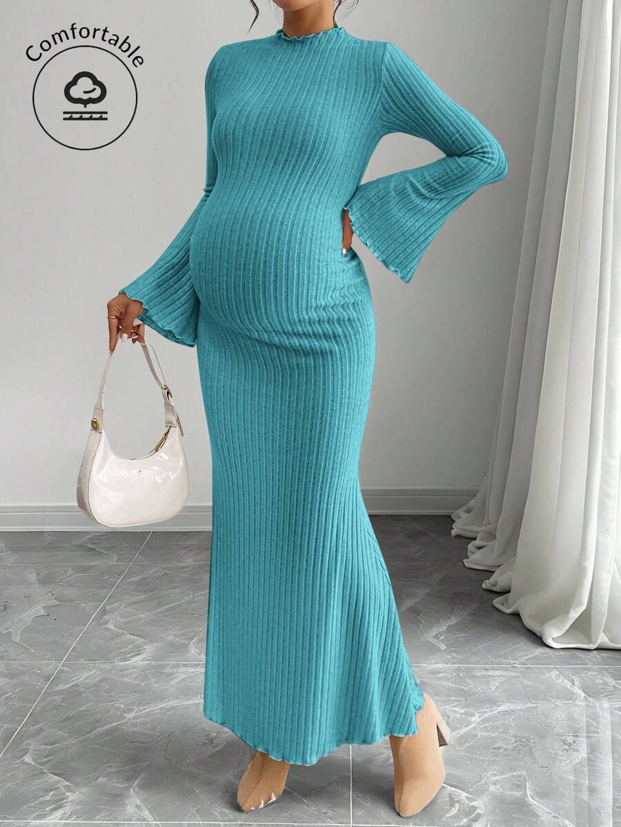 SHEIN 孕婦純色長袖荷葉邊修身魚尾洋裝 - 藍色 - 查看 1