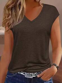 Selianne Women's Solid Color Minimalist Versatile V-Neck T-Shirt For Daily Wear - Dark Grey - View 3