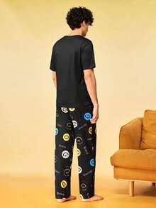 Notgurli Men's Summer Printed Crew Neck Short Sleeve Long Pants Casual Minimalist Comfortable Home Wear Pajama Set - Black - View 2