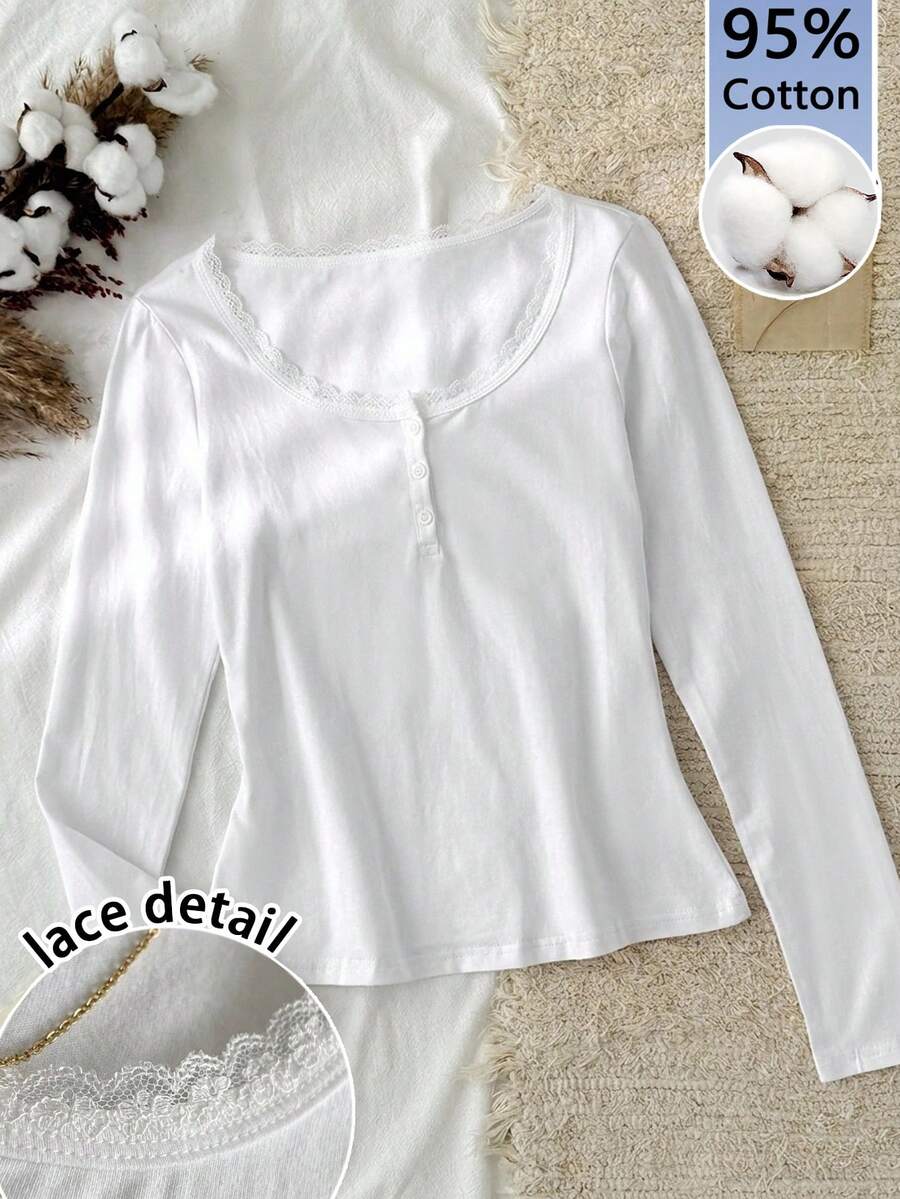 Tseoso 女款 95%棉 白色蕾絲長袖 T-shirt,半開襟 - 白色 - 查看 1