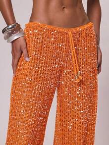 Musera Resort Women Cover Ups Ibiza Boho Vacation Holiday Beach Elegant Summer Sequin Wide Leg Crochet Trouser Spring Carvinal Beachwear Festival - Orange - View 5