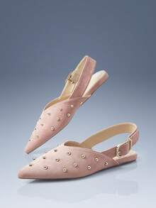 CUCCOO GRLICON Women's Pointed Toe Pink Suede Rivet Flat Shoes, Motorcycle Style For Cool Girls, Suitable For Spring/Summer, Vacation, Travel, 2000s Style - Pink - View 3