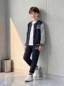 SHEIN Casuvi Kids 青少年男孩字母印花撞色棒球领夹克和裤子休闲装，秋季 - 黑色 - 查看 8