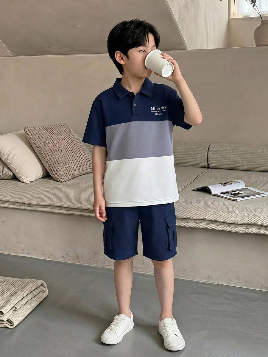 SHEIN Casuvi Kids 青少年男孩春夏季短袖 Polo 衫 & 長褲 2 件套，時尚針織條紋動物印花，休閒舒適大口袋長褲，百搭戶外穿搭 - 彩色 - 查看 1