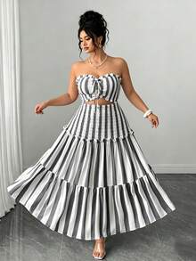 Elenzga Plus Size Elegant Striped Strapless Dress Beach Black And White Summer - Black and White - View 6