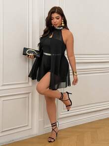 Femmeverse Women's Plus Size Ruched Halter Neck Sequin Patchwork Chiffon Cape Sleeveless A-Line Shorts Romper - Black - View 5