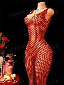 ChaseTheNight Women's Sexy Halter Neck Open Crotch Bodystocking,High-Elasticity Nylon & Elastane Fishnet Mesh Hollow Out Lingerie,Stretchy Adult Intimate Apparel - Red - View 1