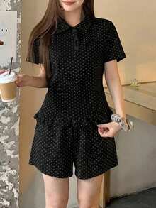 DAZY 2pcs/Set Women's Summer Pajama Set, Frill Trim Lapel Half-Button Short Sleeve Polka Dot All-Over Print Top And Short Pajama Pants - Black - View 1