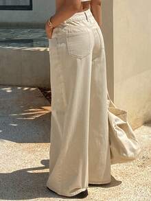 Livesso Tall Women's Solid Color Button Half-Placket Pocket Loose Straight Leg Vacation Style Jeans Summer - Beige - View 8