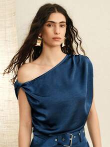 SHEIN Zanirela Women Satin Texture Asymmetric Design Sleeveless Top, Elegant Sexy Suitable For Commute And Vacation, Woven French Knot Modest, Old-Money, Blouse Golf - Blue - View 4