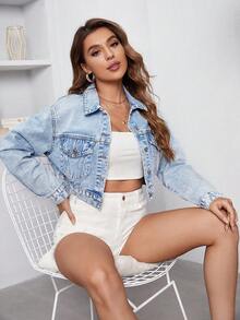 SHEIN Essnce 大尺碼休閒水洗短版牛仔夾克 - 藍色 - 查看 3