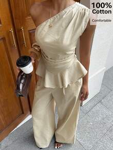 Siren Gaze Women's 100 Cotton Asymmetrical Sleeveless Ruffled Top + Casual Elegant Wide-Leg Trousers Set, Summer Two Pieces Vacation Beige Brunch - Apricot - View 5
