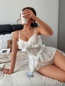 Dream Adore Sheer Lace 3D Floral Decor Camisole Romper - White - View 6