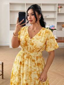 Modelyn Elegant All-Over Print Chiffon V-Neck Long Sleeve Ruched A-Line Maxi Dress, Regular Fit, Spring/Summer, Plus Size - Yellow - View 5