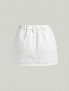 SHEIN MOD Falda mini de mezclilla de talla grande con botones & cremallera de unicolor - Blanco - Ver 2