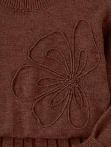 Tween Girls Sweater Co-Ords Coffee Color Special Embroidery Round Neck Pullover With Pleated Skirt Knit Sweater Set Soft Comfortable Suitable For Daily Wear, Outings, Travel, Vacation, Home, And Play - Khaki - View 4
