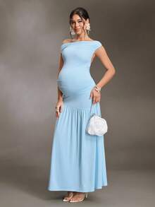 Cheriluna Maternity 輕奢單肩高彈力針織孕婦洋裝，修身抓皺大裙擺孕婦長洋裝，優雅大方的孕婦晚禮服 - 藍色 - 查看 7