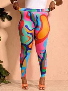 BrightlyHer Plus Size Colorful Printed High Waist Leggings Summer For Women Vacation Outfits Beach Outfits For Women - Multicolor - View 8
