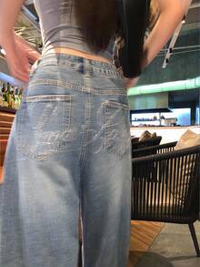 Livesso Petite Women's Pocket Button Casual Versatile Daily Outing Wide Leg Jeans ,Petite Women - Blue - View 10