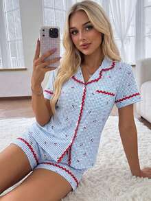 SHEIN 女款休閒極簡格紋櫻桃夏季新款寬鬆短袖短褲睡衣套裝 春/夏 - 藍色 - 查看 6