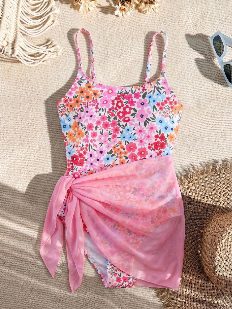 SHEIN 两件套儿童/少女优雅度假休闲修身舒适碎花连体衣和粉色罩裙套装，适合日常外出、海滩、泳池、春夏季节穿着。 - 彩色 - 查看 1