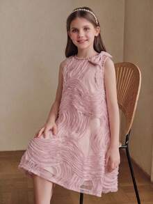 Anewsta Vestido de princesa corto para niña, primavera/verano, nuevo, para fiesta de cumpleaños y banquete del primer año, elegante y lindo, de tela bordada, cuello redondo, decoración de perlas, hombros con lazo desmontable, sin mangas - Rosa Pálido - Ver 7