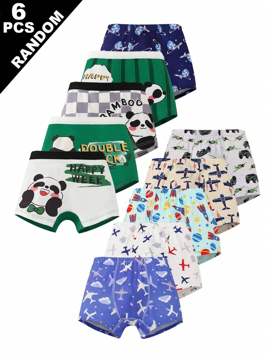 Random 6Pcs Boys Cartoon Space Plane & Panda Print Comfortable Square Boxer Briefs - Multicolor - View 1